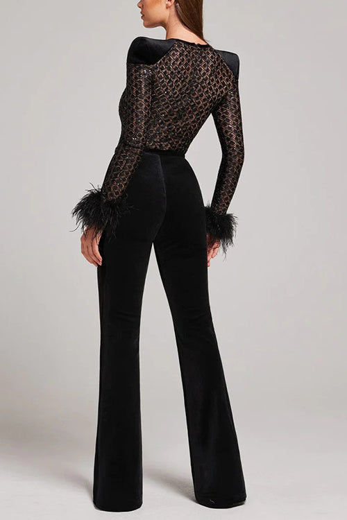 Karleedress Feather Cuffs Bell Bottom Velvet Splice Jumpsuit