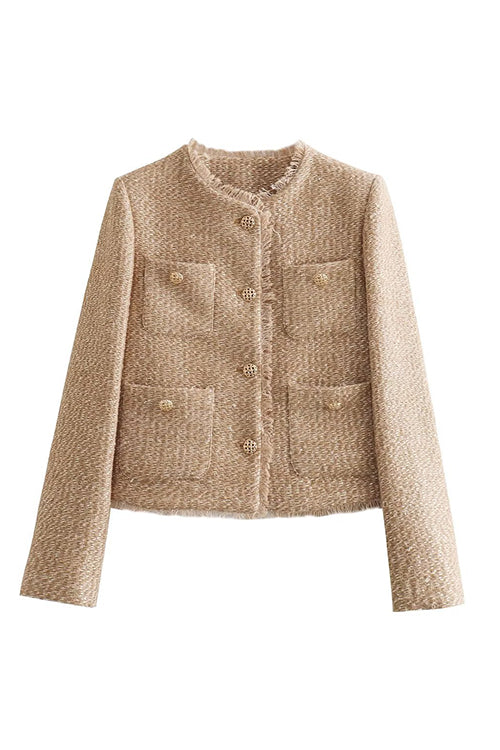 Karleedress Button Up Frayed Hem Short Tweed Jacket