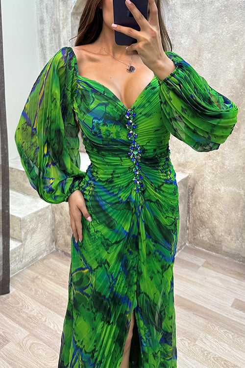 Karleedress Off Shoulder Rhinestones Detail Printed Slit Pleated Maxi Dress