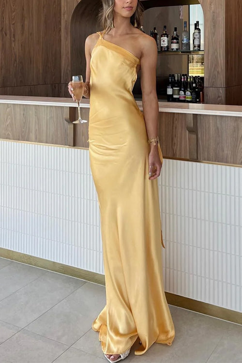 Karleedress One Shoulder Open Back Tie Knot Satin Maxi Dress