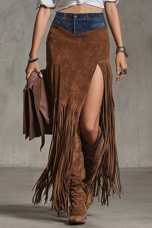 Karleedress High Rise Denim Splice Faux Suede Slit Fringe Maxi Skirt
