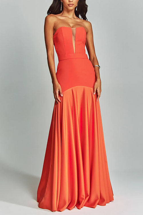 Karleedress Mesh V Neck Strapless Splice Flare Maxi Party Dress