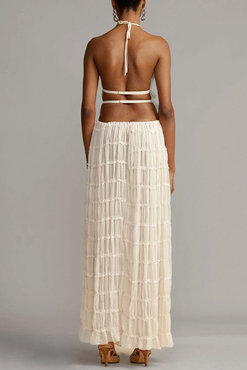 Karleedress Frilled Halter Open Back Crop Top and Pleated Maxi Skirt Set
