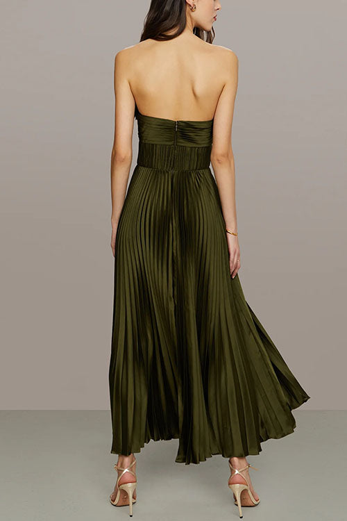 Strapless Twist Front Pleated Swing Maxi Dress