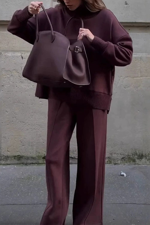 Karleedress High Neck Side Zipper Up Sweatshirt and Wide Leg Pants Set