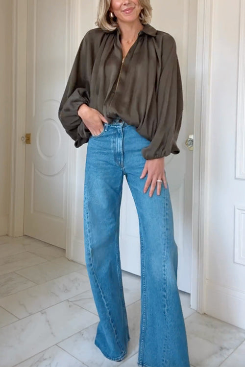 Karleedress Lapel Batwing Sleeves Zip Up Bomber Jacket