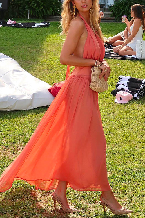 Karleedress Deep V Neck Halter Backless Flowy Maxi Party Dress