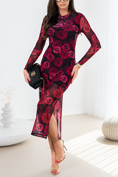 Long Sleeves Roses Print Side Slit Midi Dress