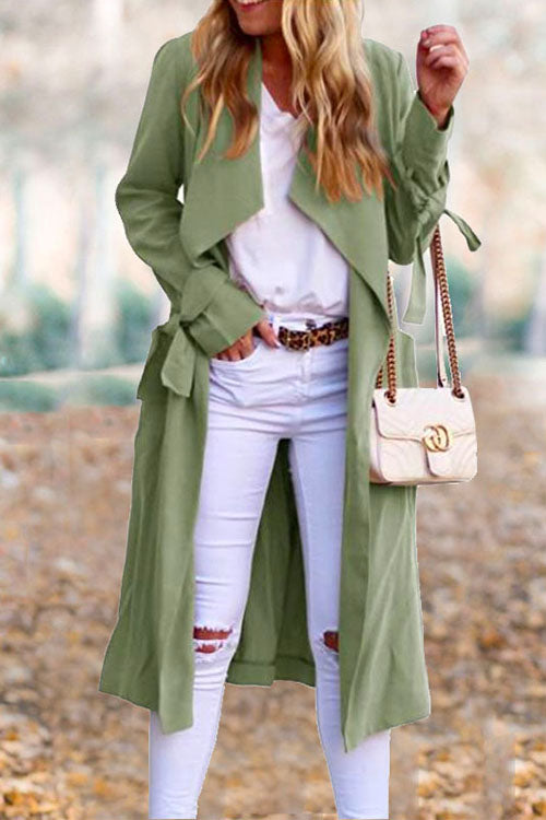 Karleedress Drap Front Tie Waist Solid Fall Midi Cardigan