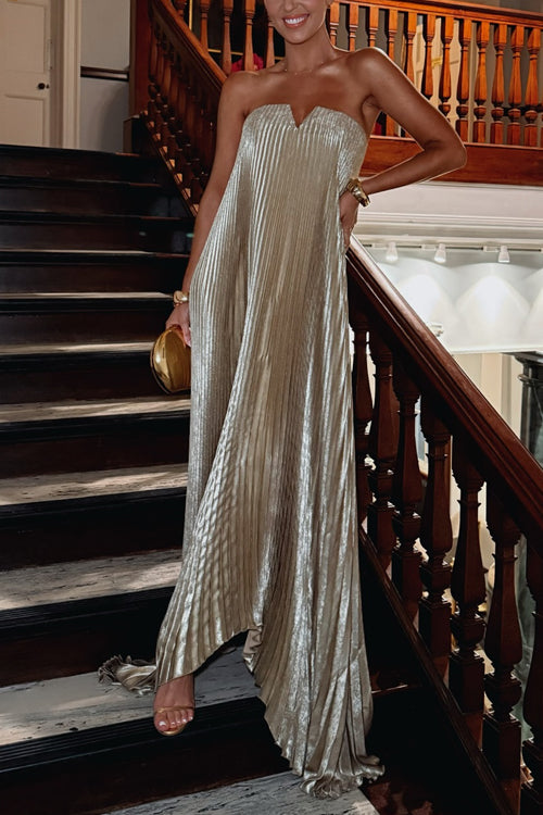 Karleedress V Neck Strapless Pleated Maxi Party Dress