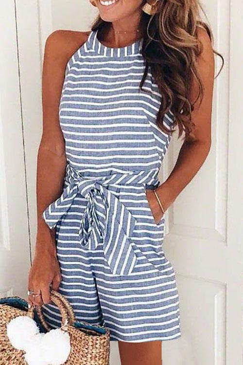Karleedress Bow-knot Sleeveless Striped Romper