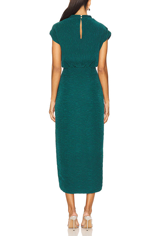 Mockneck Short Sleeves Waisted Side Slit Midi Dress