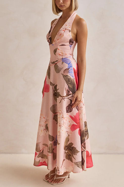 Halter V Neck Lace-up Waisted Floral Print Maxi Dress