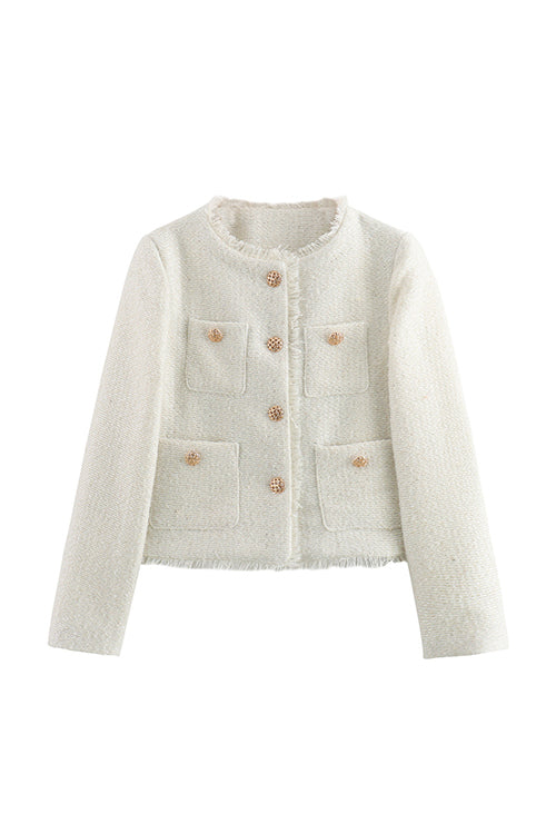 Karleedress Button Up Frayed Hem Short Tweed Jacket