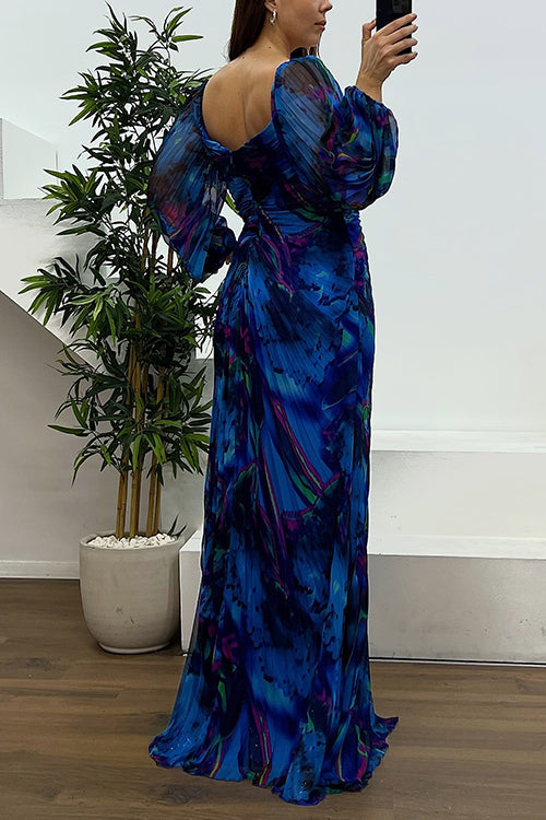 Karleedress Off Shoulder Lantern Long Sleeves Printed Slit Pleated Maxi Dress