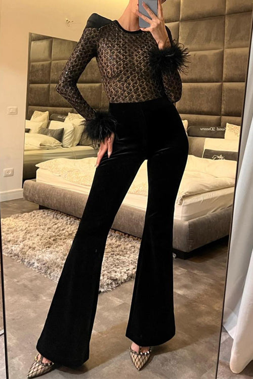 Karleedress Feather Cuffs Bell Bottom Velvet Splice Jumpsuit