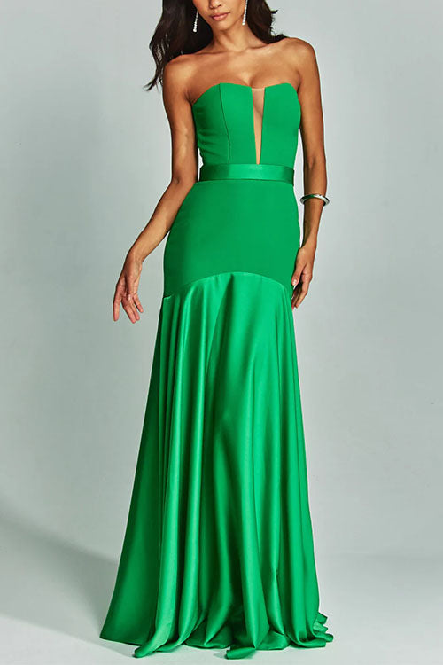 Karleedress Mesh V Neck Strapless Splice Flare Maxi Party Dress