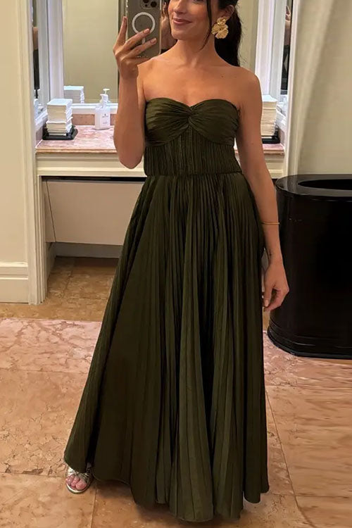 Strapless Twist Front Pleated Swing Maxi Dress