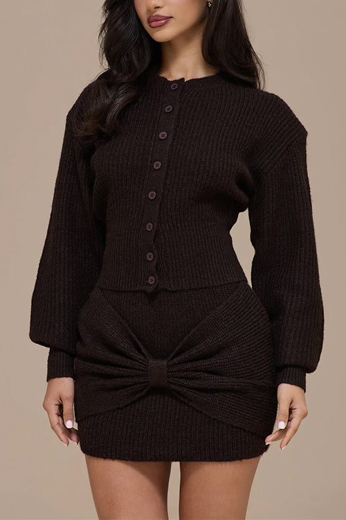 Lantern Sleeves Button Down Ribbed Knit Sweater Cardigan