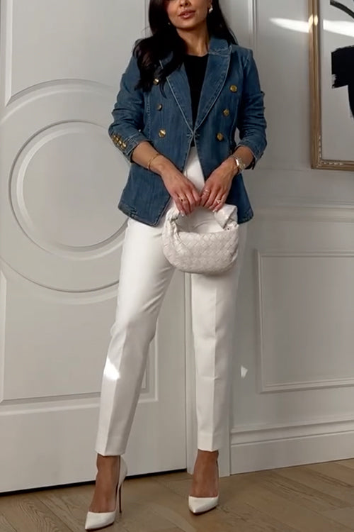 Karleedress Notch Collar Double Breasted Denim Blazer