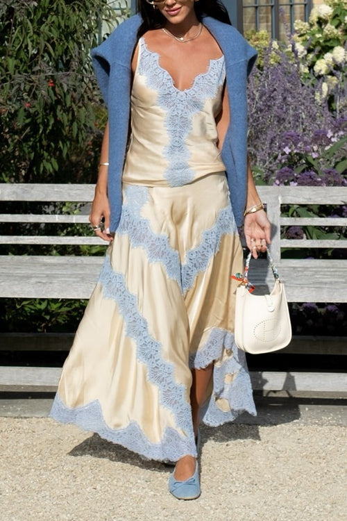 Karleedress High Rise Color Block Lace Trim Satin Maxi Skirt