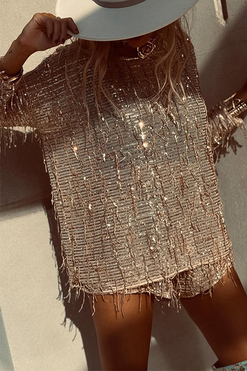 Karleedress Tassel Sequin Round Neck Long Sleeves Top and Shorts Set