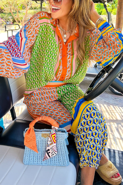 Karleedress Unique Print Balloon Sleeves Button Up Shirt Elastic Waist Jogger Pants Holiday Set