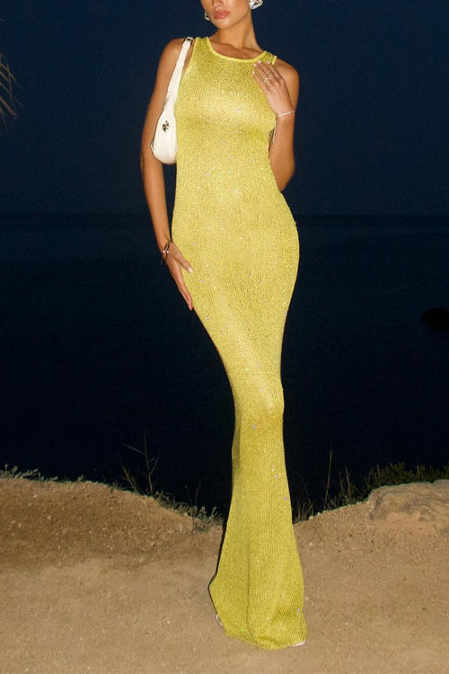 Karleedress Round Neck Sleeveless Bodycon Glitter Maxi Party Dress