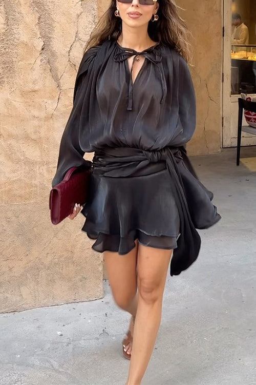 Karleedress Long Sleeves Lace-up Tie Waist Ruffle Mini Dress