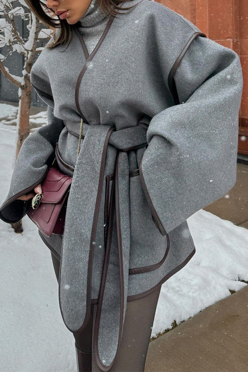 Karleedress Open Front Pocketed Splice Coat with Belt