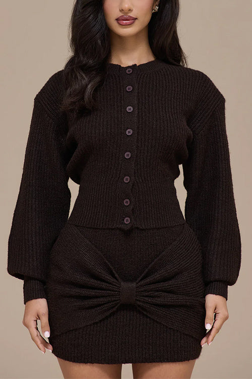 Lantern Sleeves Button Down Ribbed Knit Sweater Cardigan