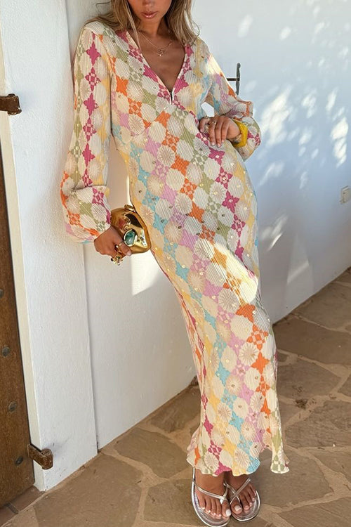 Karleedress V Neck Lantern Sleeves Geometric Print Maxi Dress