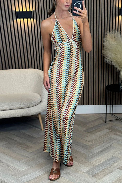 Karleedress Halter V Neck Backless Color Block Crochet Maxi Dress