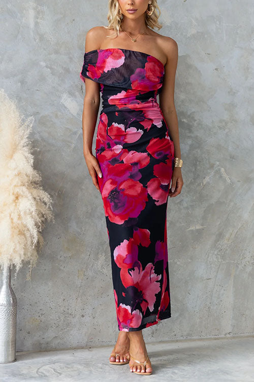 Off Shoulder Floral Print Bodycon Maxi Dress