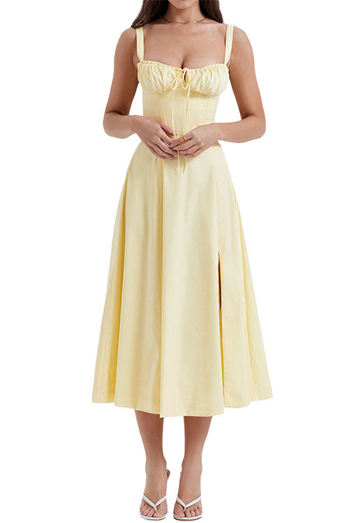 Karleedress Drawstring Neck Slit Bustier Midi Cami Dress