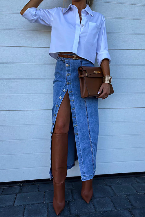 Karleedress High Rise Button Down Slit Denim Skirt
