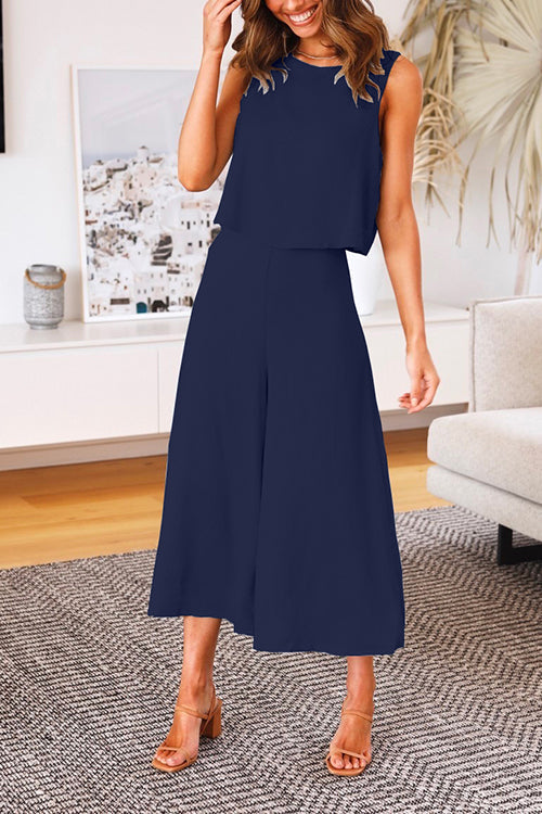 Karleedress Crewneck Tank Top Wide Leg Cropped Pants Set
