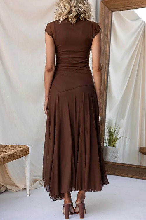 Mockneck Cap Sleeves Ruched Mesh Maxi Dress