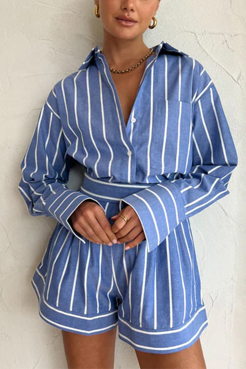 Karleedress Striped Long Sleeves Curve Hem Shirt and High Rise Shorts Set
