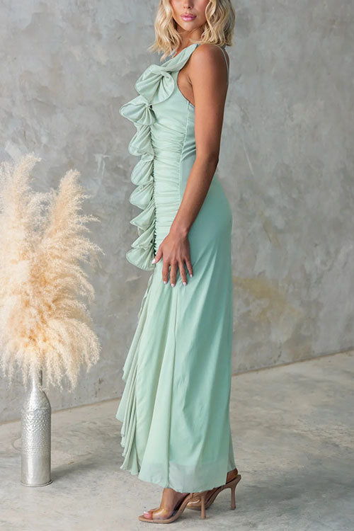 Karleedress One Shoulder Slit Ruched Ruffle Mesh Maxi Dress