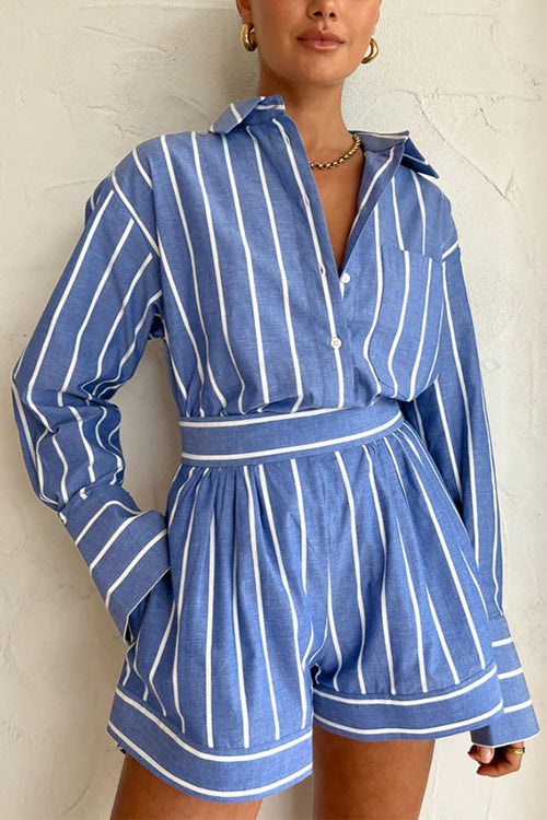 Karleedress Striped Long Sleeves Curve Hem Shirt and High Rise Shorts Set