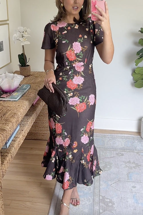 Crewneck Short Sleeves Floral Print Ruffle Hem Midi Dress