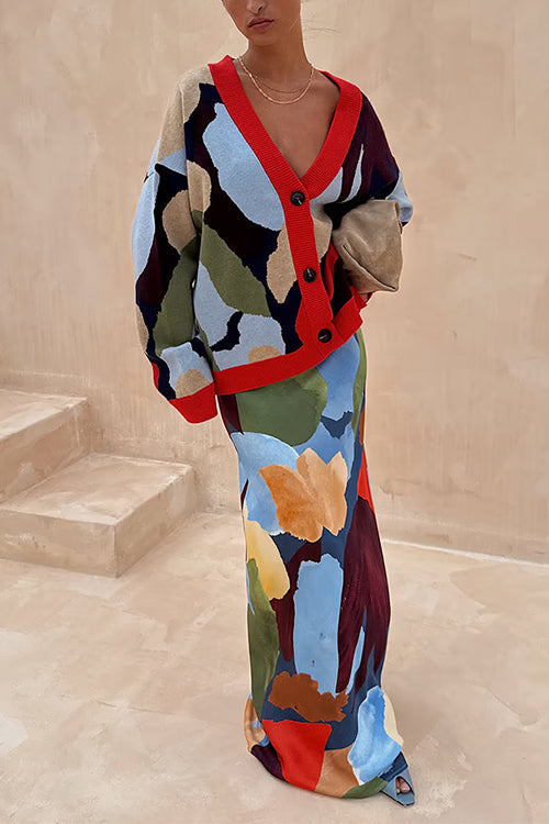 Karleedress V Neck Button Up Abstract Print Sweater Cardigan