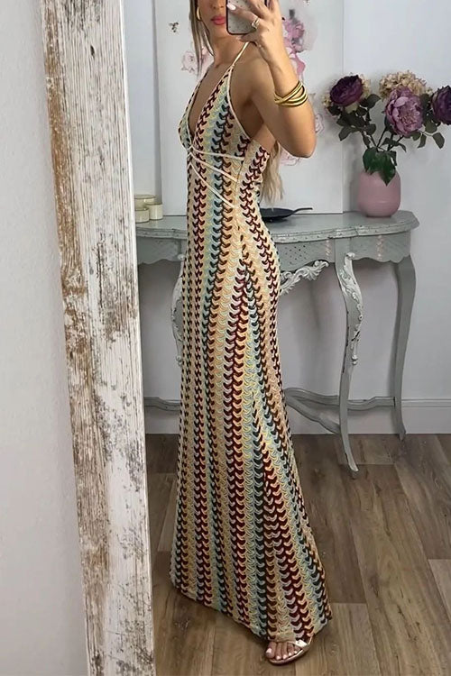 Karleedress Halter V Neck Backless Color Block Crochet Maxi Dress
