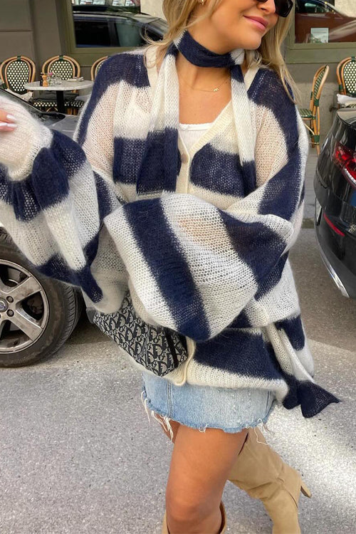 Karleedress Lantern Sleeves Button Down Color Block Stripes Sweater with Scarf