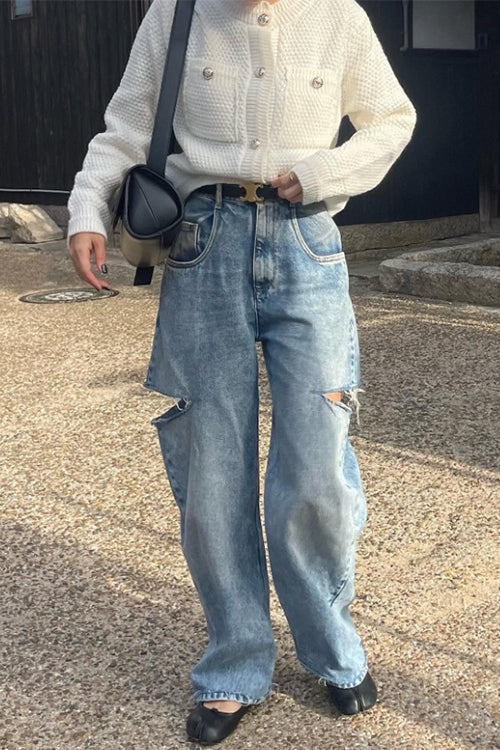 Karleedress Distressed Wide Leg Ripped Jeans