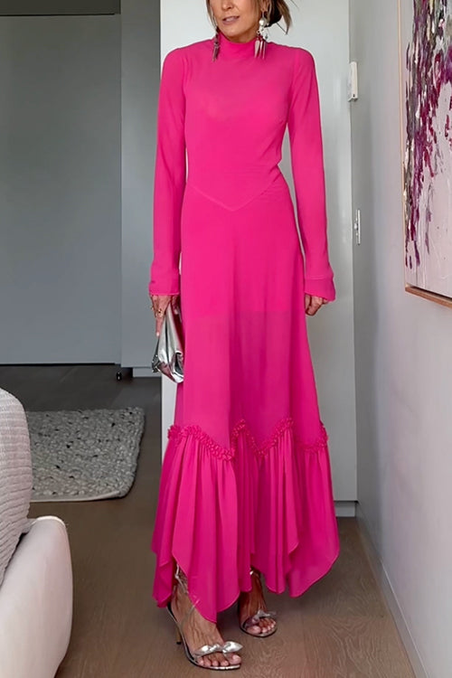 Mockneck Long Sleeves Ruffle Hem Maxi Dress