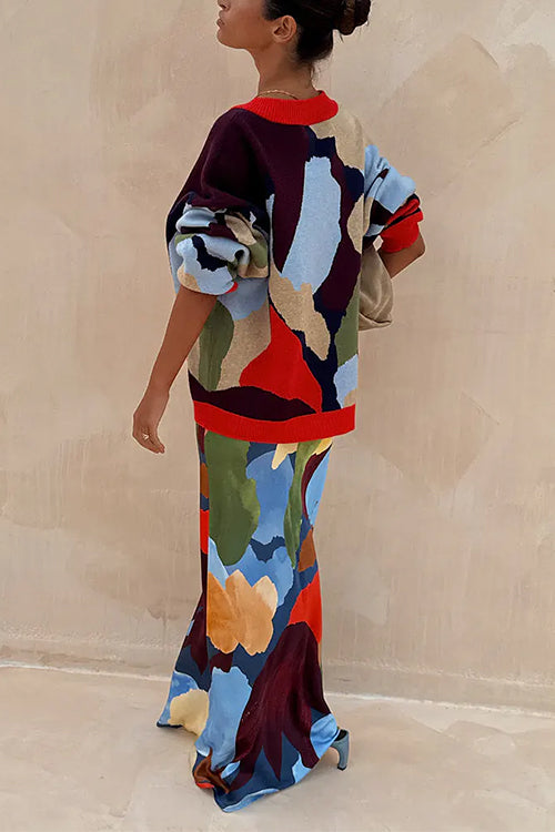 Karleedress V Neck Button Up Abstract Print Sweater Cardigan