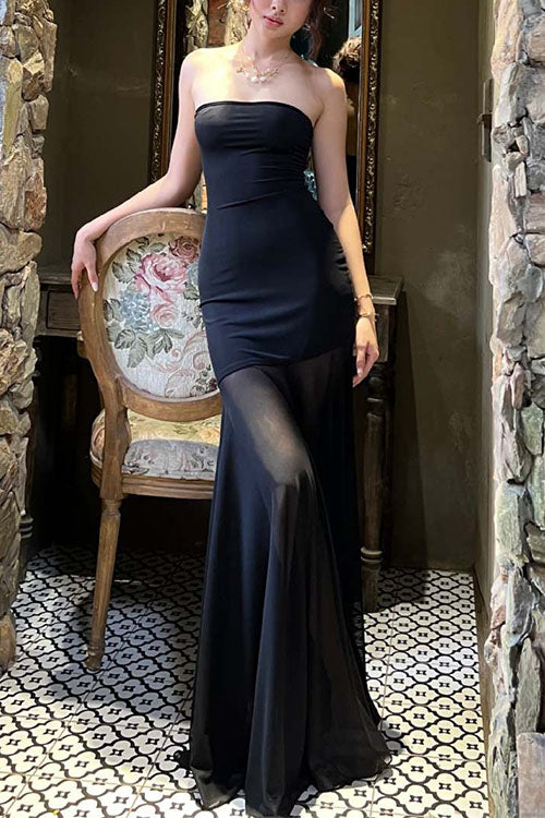 Karleedress Strapless Mesh Splice Bodycon Maxi Dress