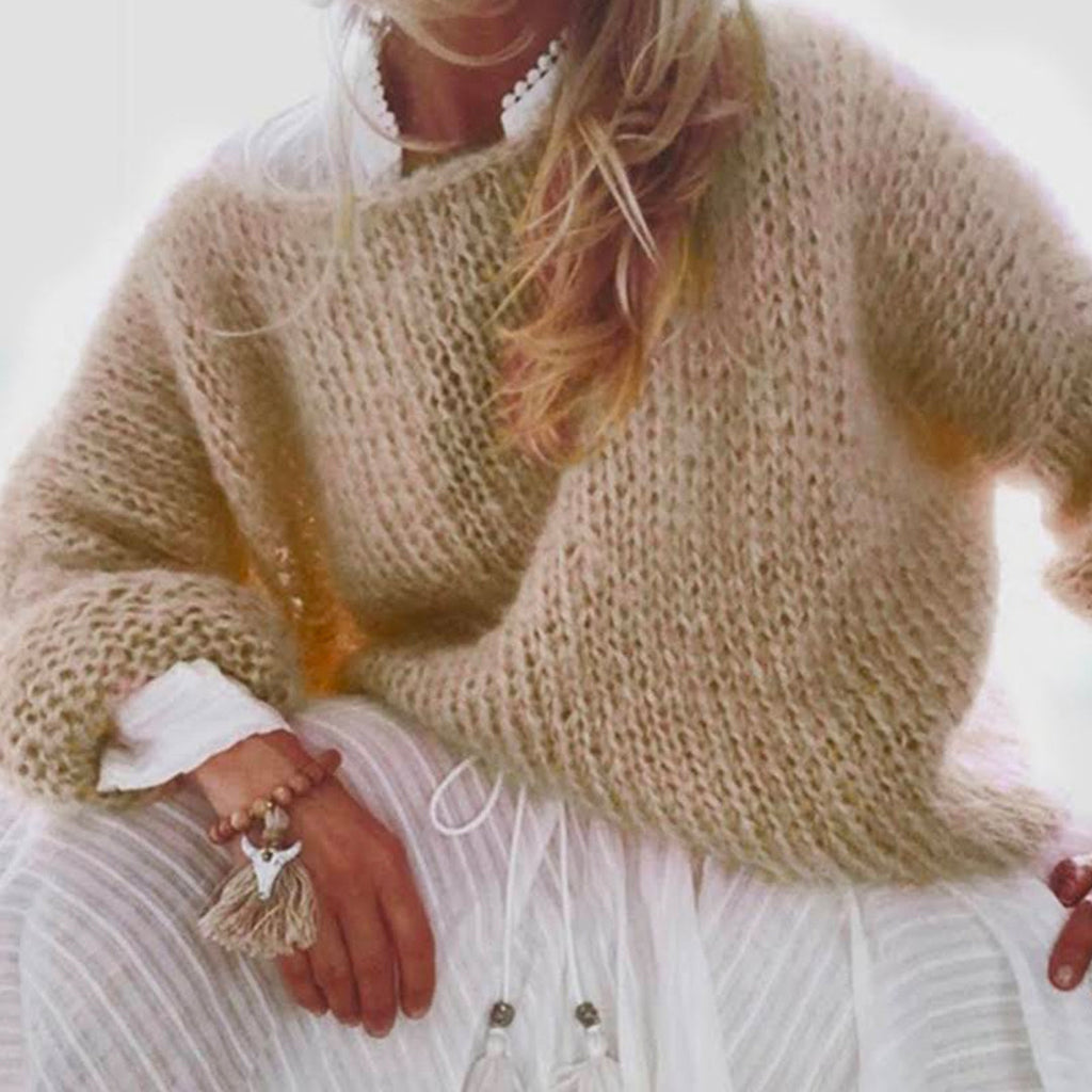 Karleedress Solid Boat Neck Fluffy Knitting Sweater